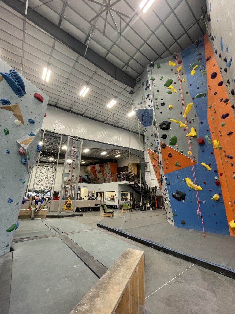 View of the Rock Gym in rexburg if back was to the large garage window door.