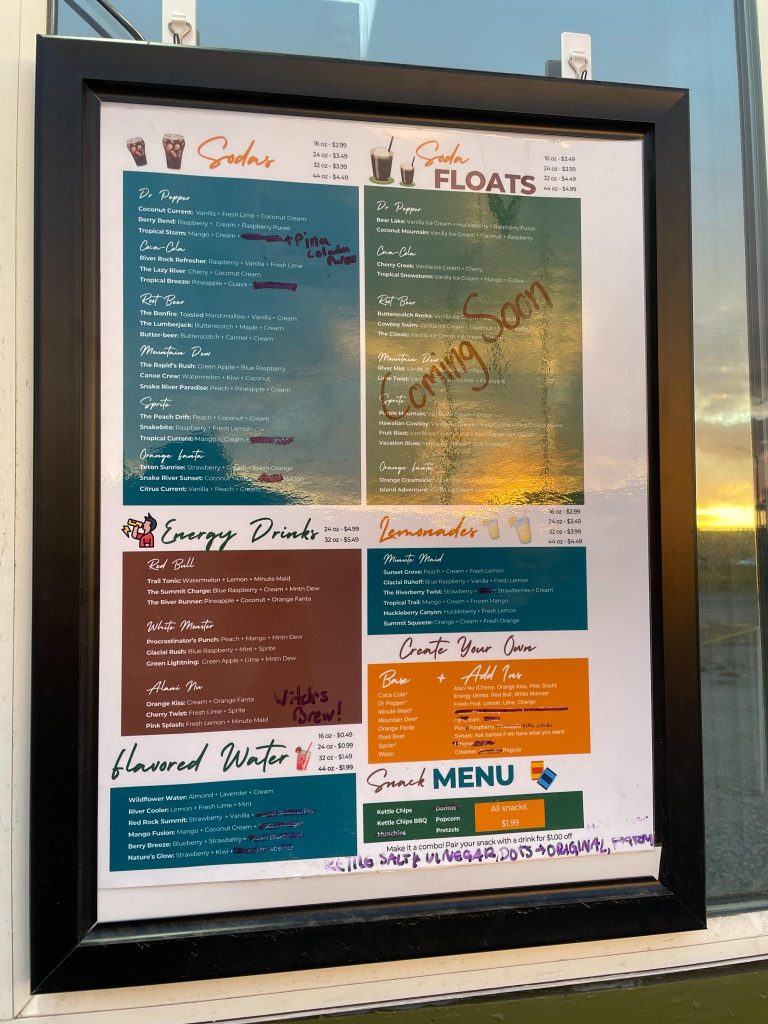 snake river soda menu with dirty sodas and drink options in rexburg idaho