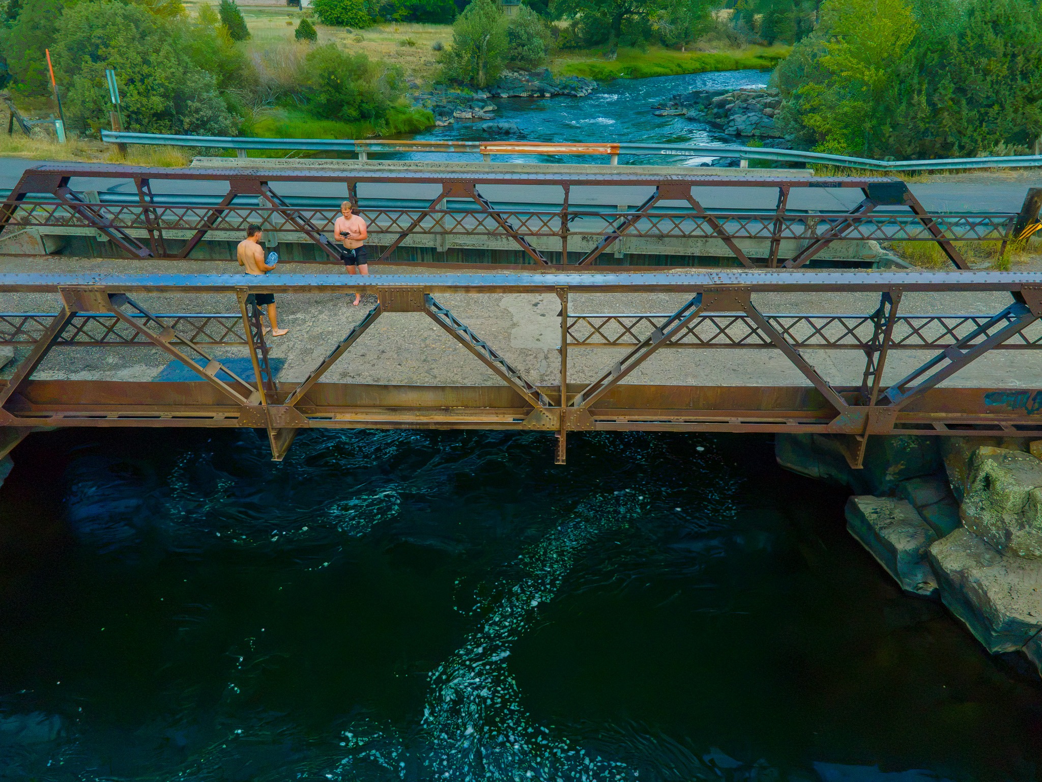 The two parallel truss bridges that give Twin Bridges its name near Rexburg, Idaho