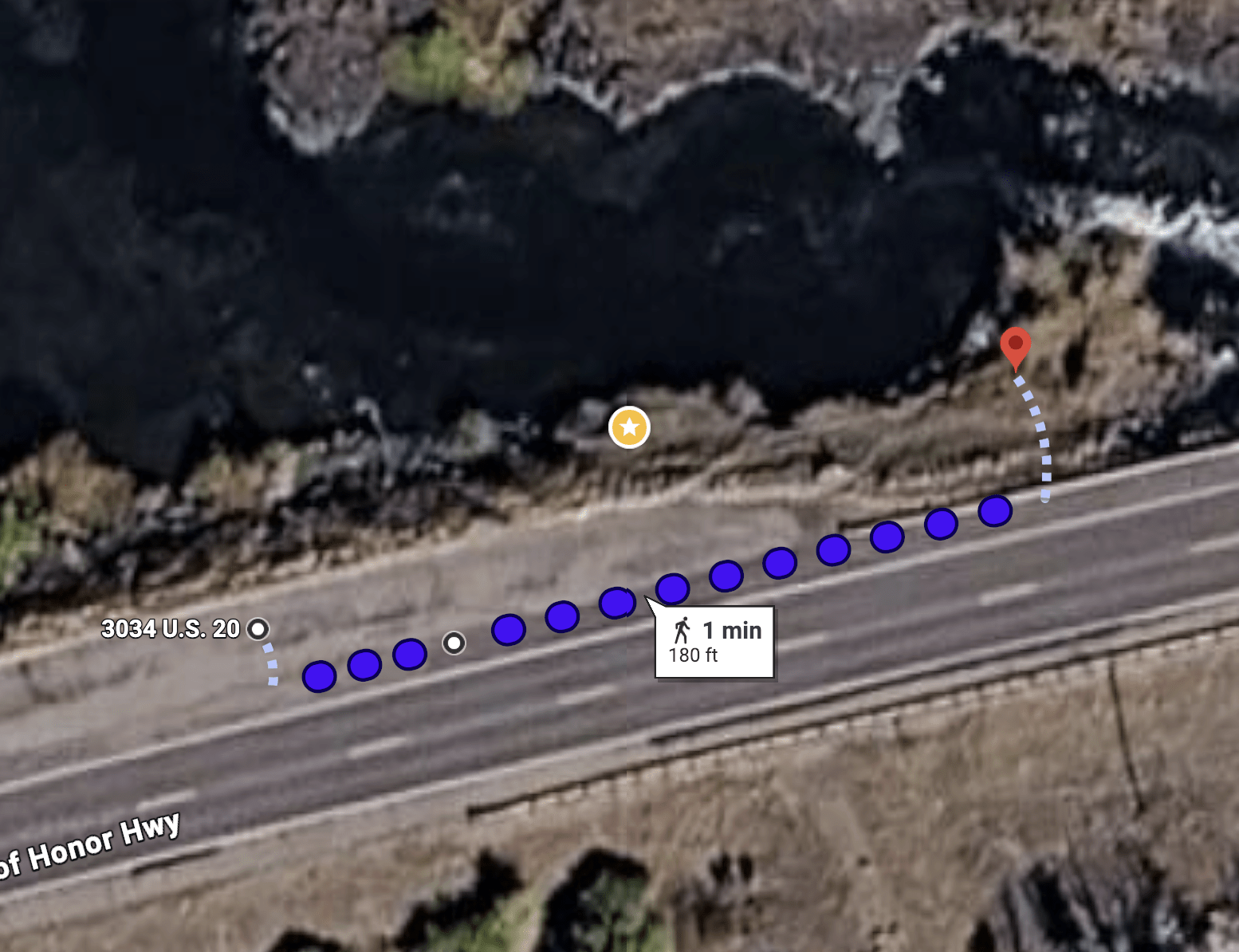 Map showing where to park and walk to reach the secret swimming hole on the Fall River near Rexburg