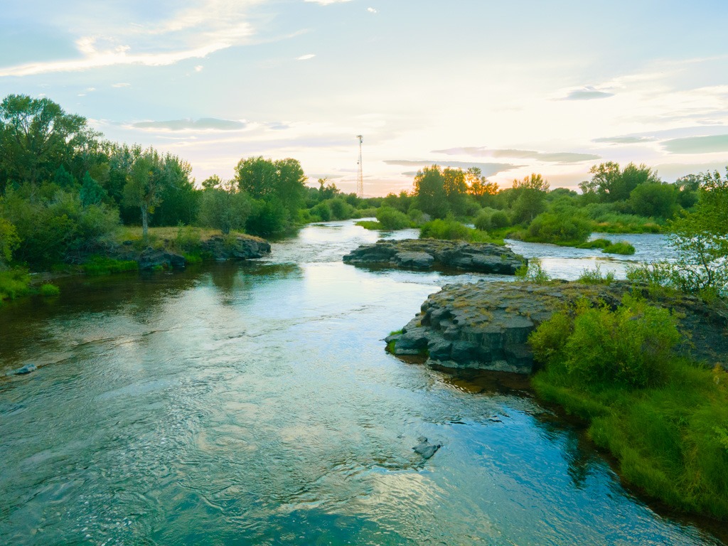 Sunset view of the Fall River near the secret swimming hole outside Rexburg, Idaho