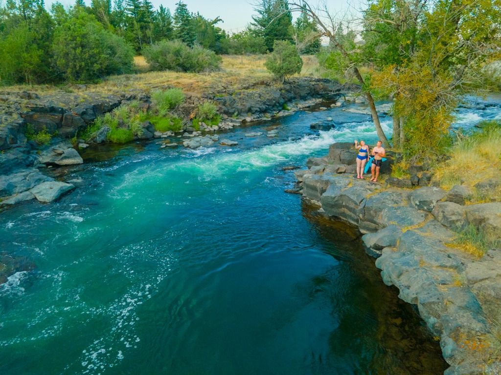 Aerial view of the secret swimming hole on the Fall River near Rexburg, Idaho